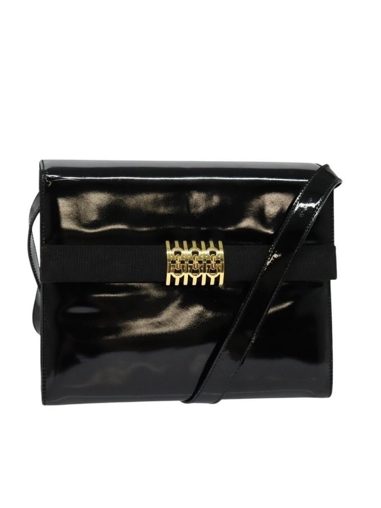 Authentic Salvatore Ferragamo Shoulder Bag Enamel Black Gold